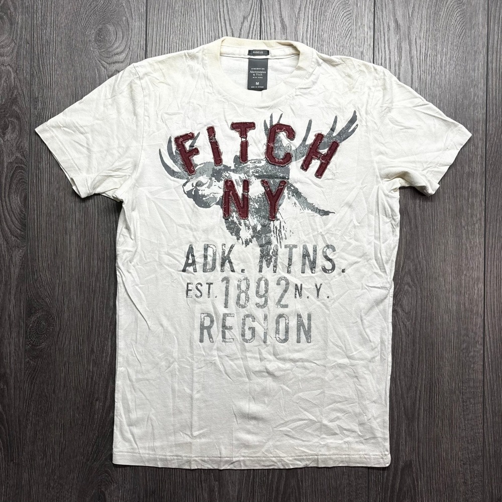 Abercrombie & Fitch Mens Muscle Medium T-Shirt Cream Y2K Graphic Moose ADK MTNS